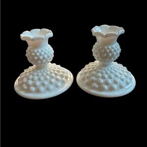 Vintage Fenton hobnail milk glass candle holders set of 2  (3.5”